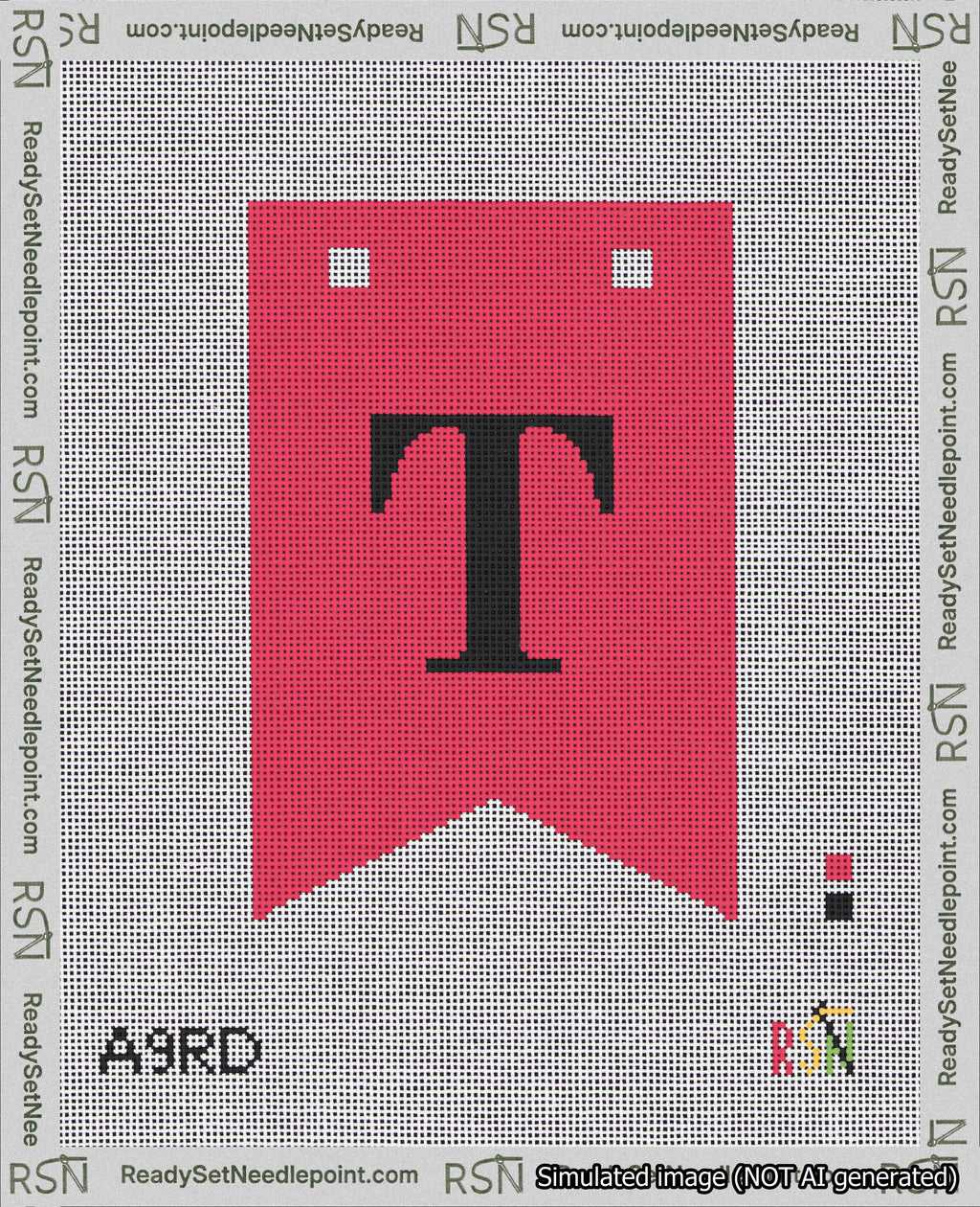 A taped needlepoint canvas with the design: Banner 18 mesh count Forked T Black on Red.