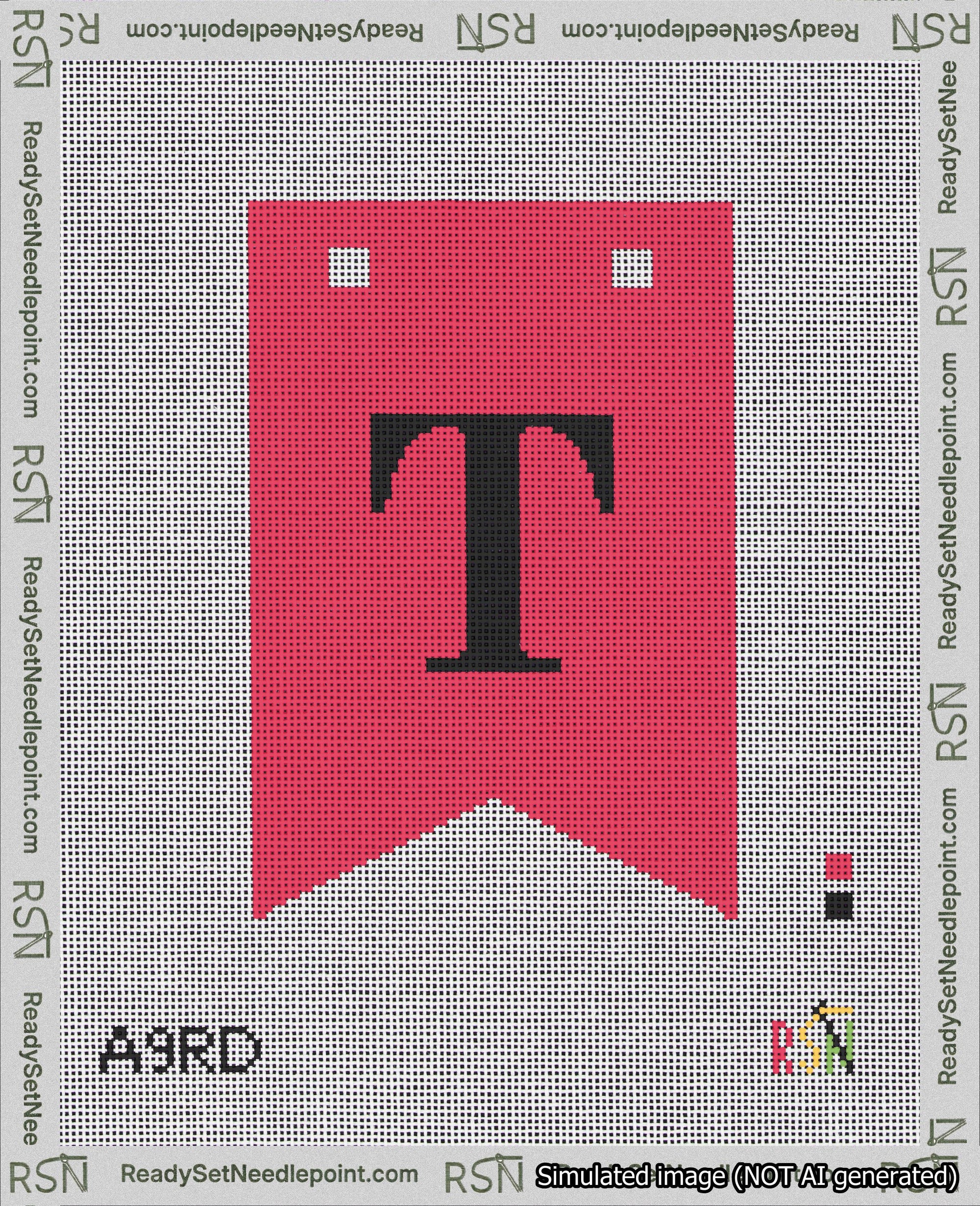 A taped needlepoint canvas with the design: Banner 18 mesh count Forked T Black on Red.