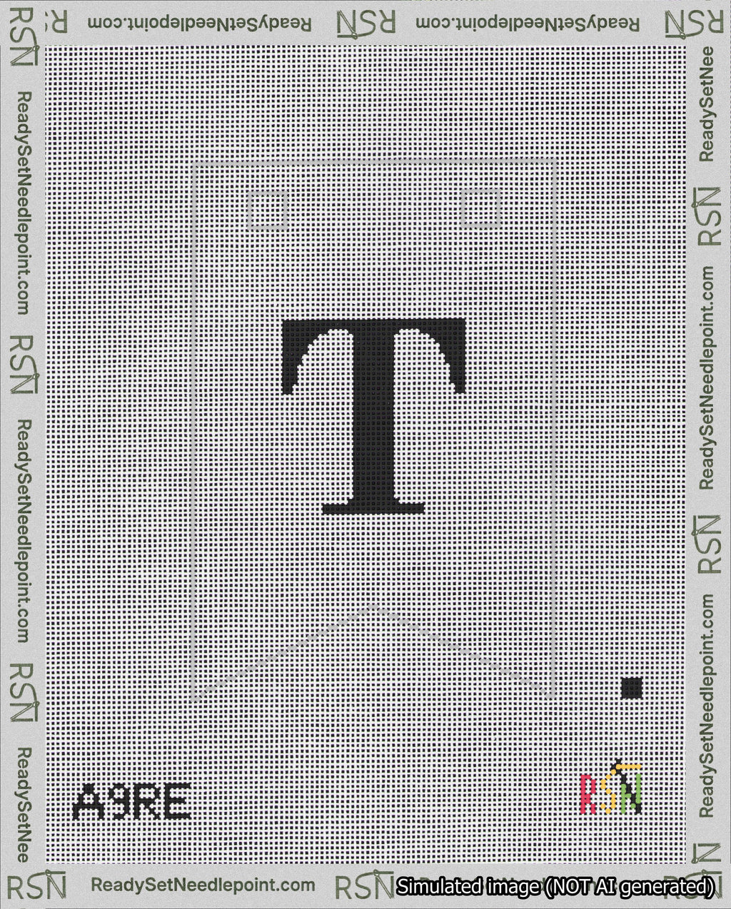 A taped needlepoint canvas with the design: Banner 18 mesh count Forked T Black on White.