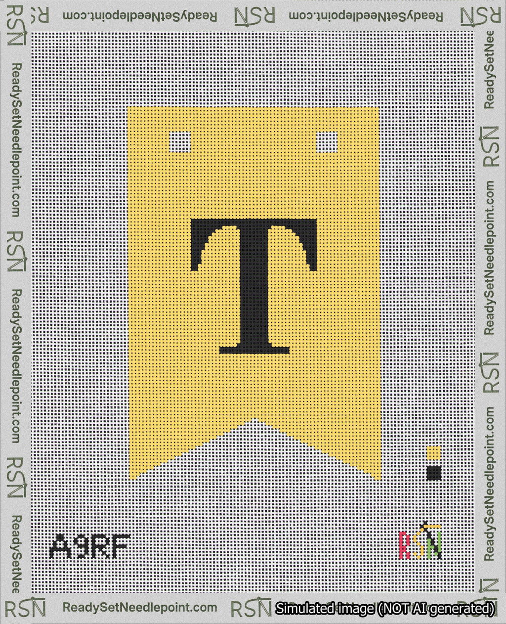 A taped needlepoint canvas with the design: Banner 18 mesh count Forked T Black on Yellow.