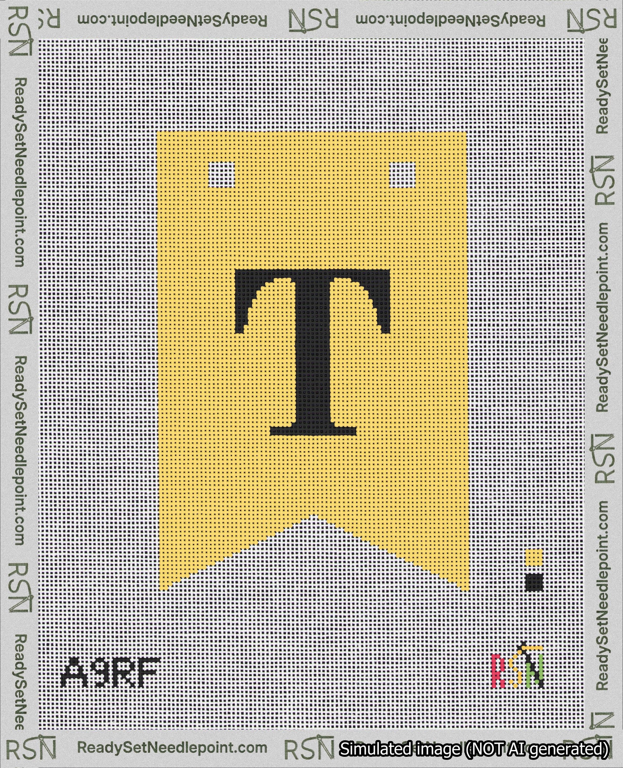 A taped needlepoint canvas with the design: Banner 18 mesh count Forked T Black on Yellow.