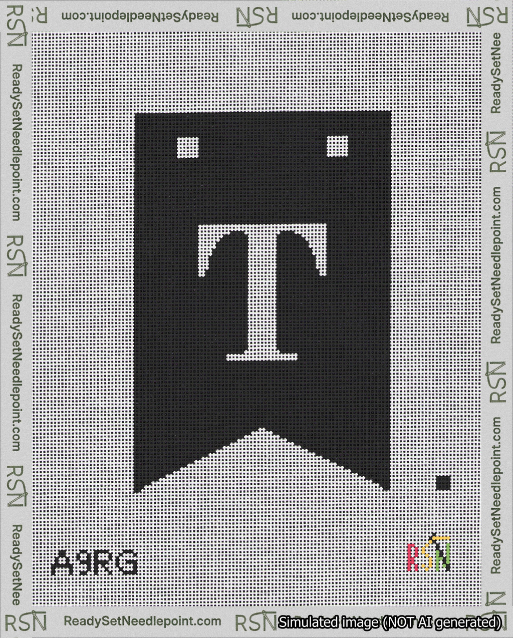 A taped needlepoint canvas with the design: Banner 18 mesh count Forked T White on Black.