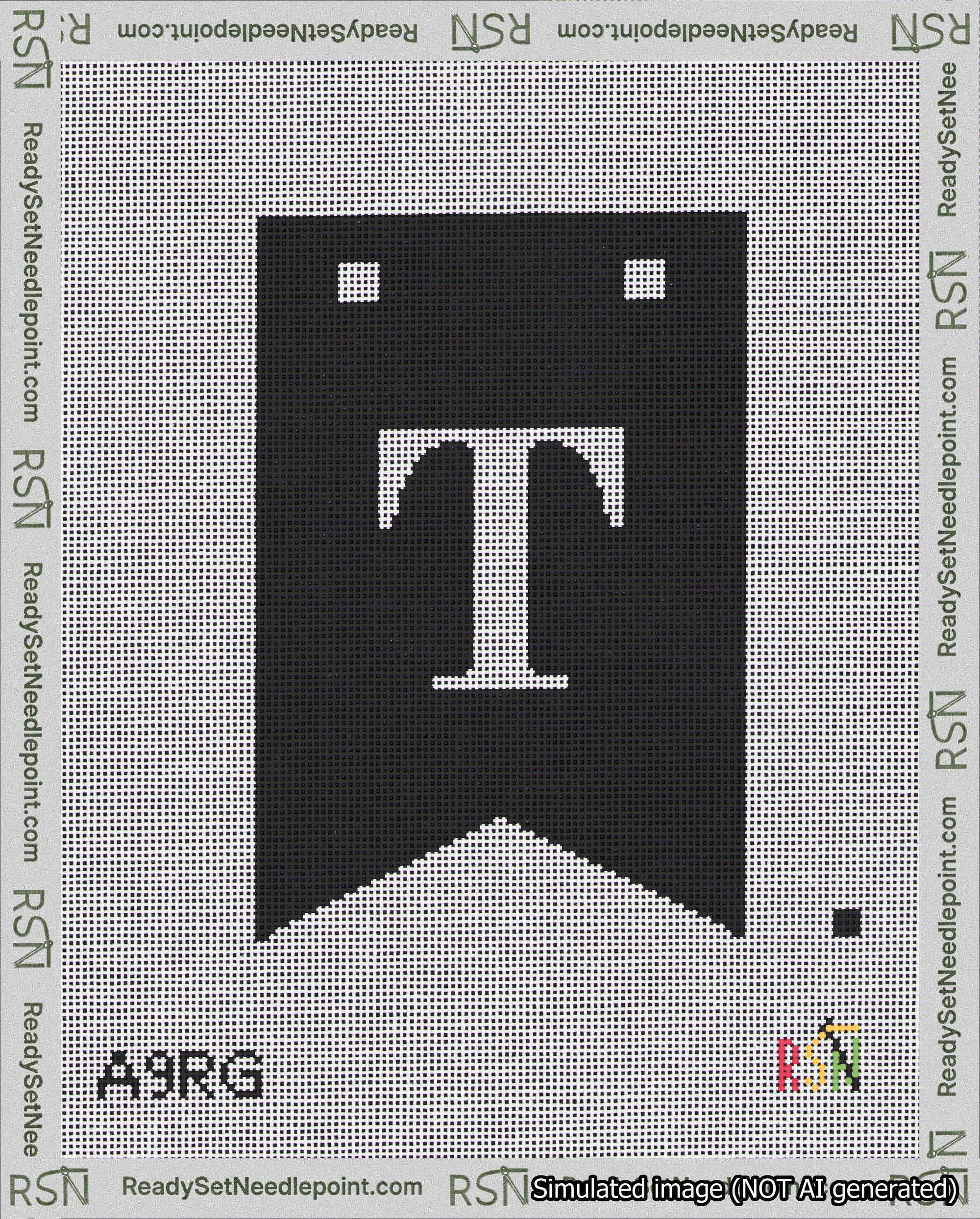 A taped needlepoint canvas with the design: Banner 18 mesh count Forked T White on Black.