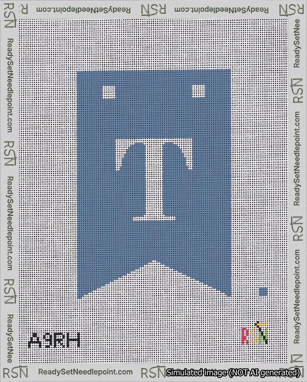 A taped needlepoint canvas with the design: Banner 18 mesh count Forked T White on Blue.