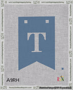 A taped needlepoint canvas with the design: Banner 18 mesh count Forked T White on Blue.