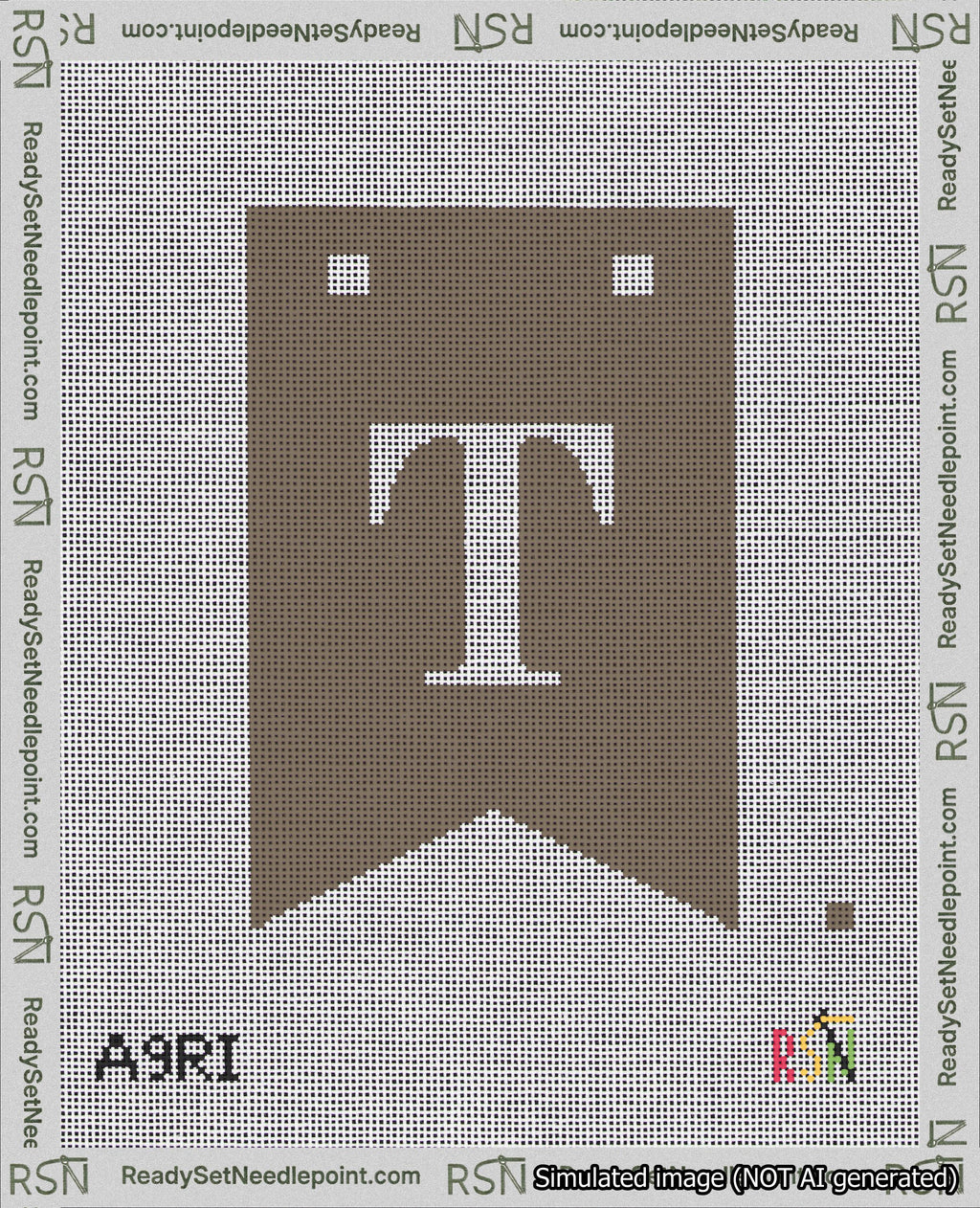 A taped needlepoint canvas with the design: Banner 18 mesh count Forked T White on Brown.
