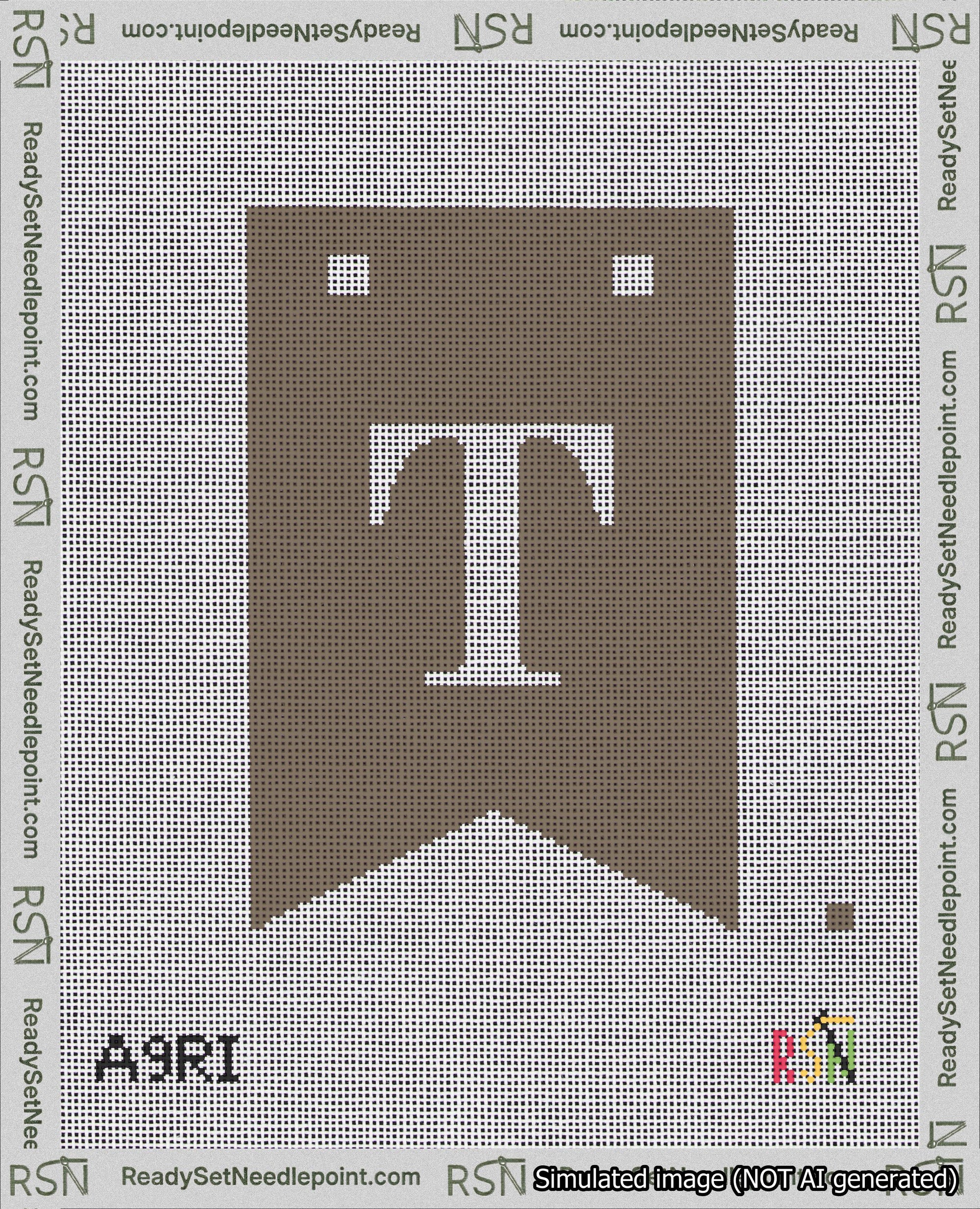 A taped needlepoint canvas with the design: Banner 18 mesh count Forked T White on Brown.