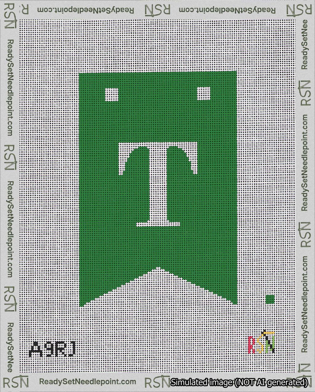 A taped needlepoint canvas with the design: Banner 18 mesh count Forked T White on Green.