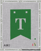 A taped needlepoint canvas with the design: Banner 18 mesh count Forked T White on Green.