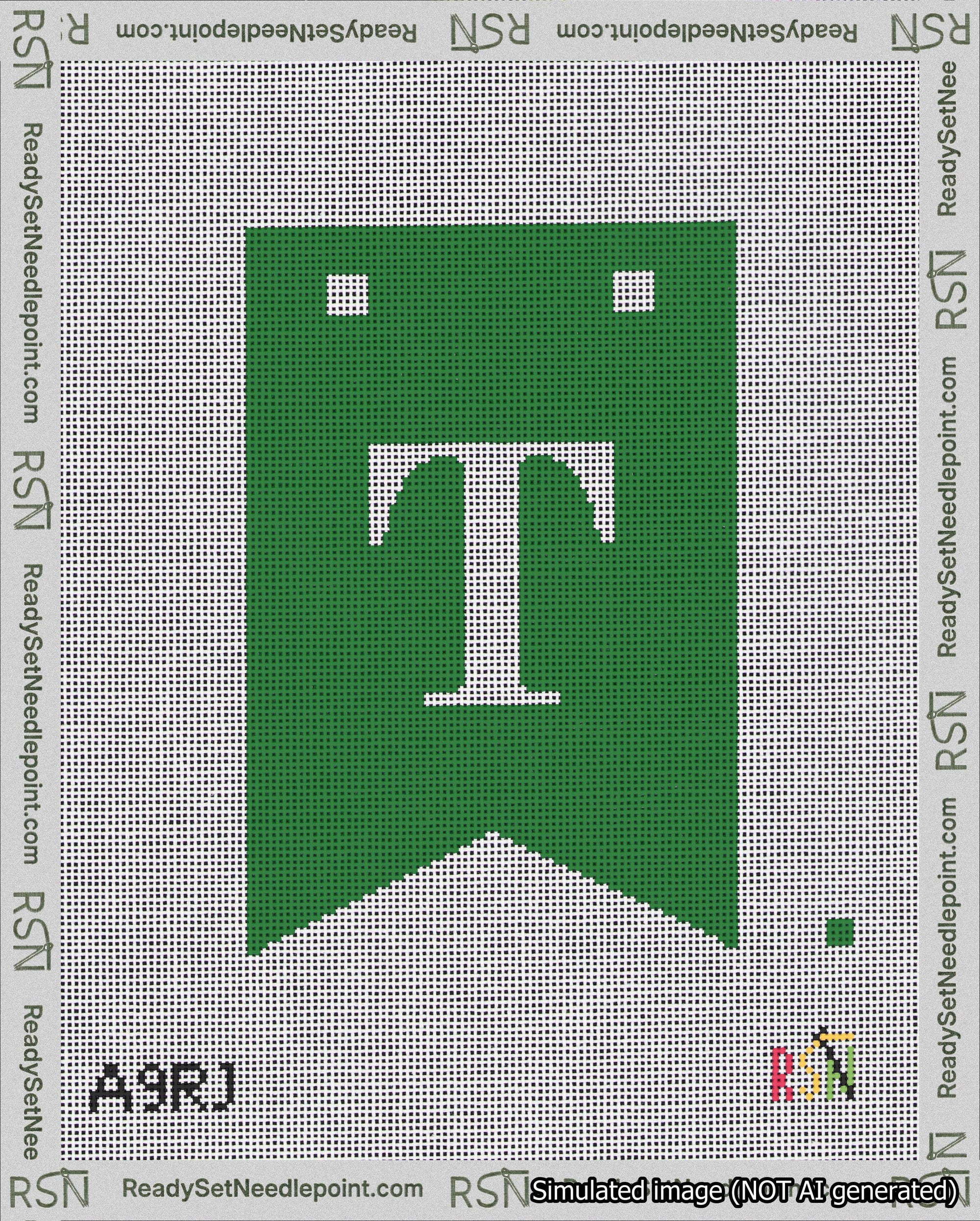 A taped needlepoint canvas with the design: Banner 18 mesh count Forked T White on Green.