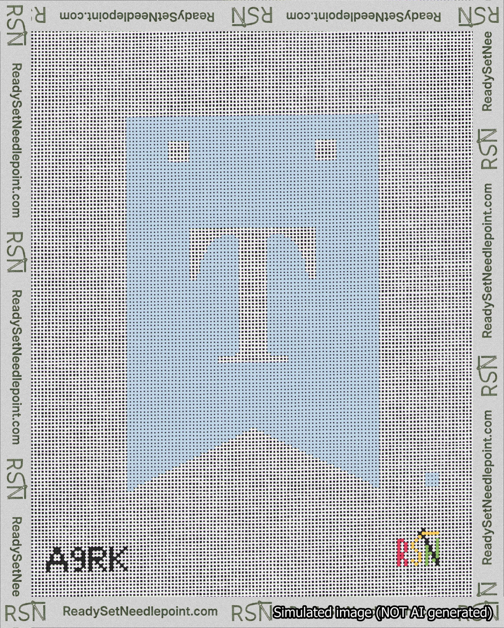 A taped needlepoint canvas with the design: Banner 18 mesh count Forked T White on Light Blue.