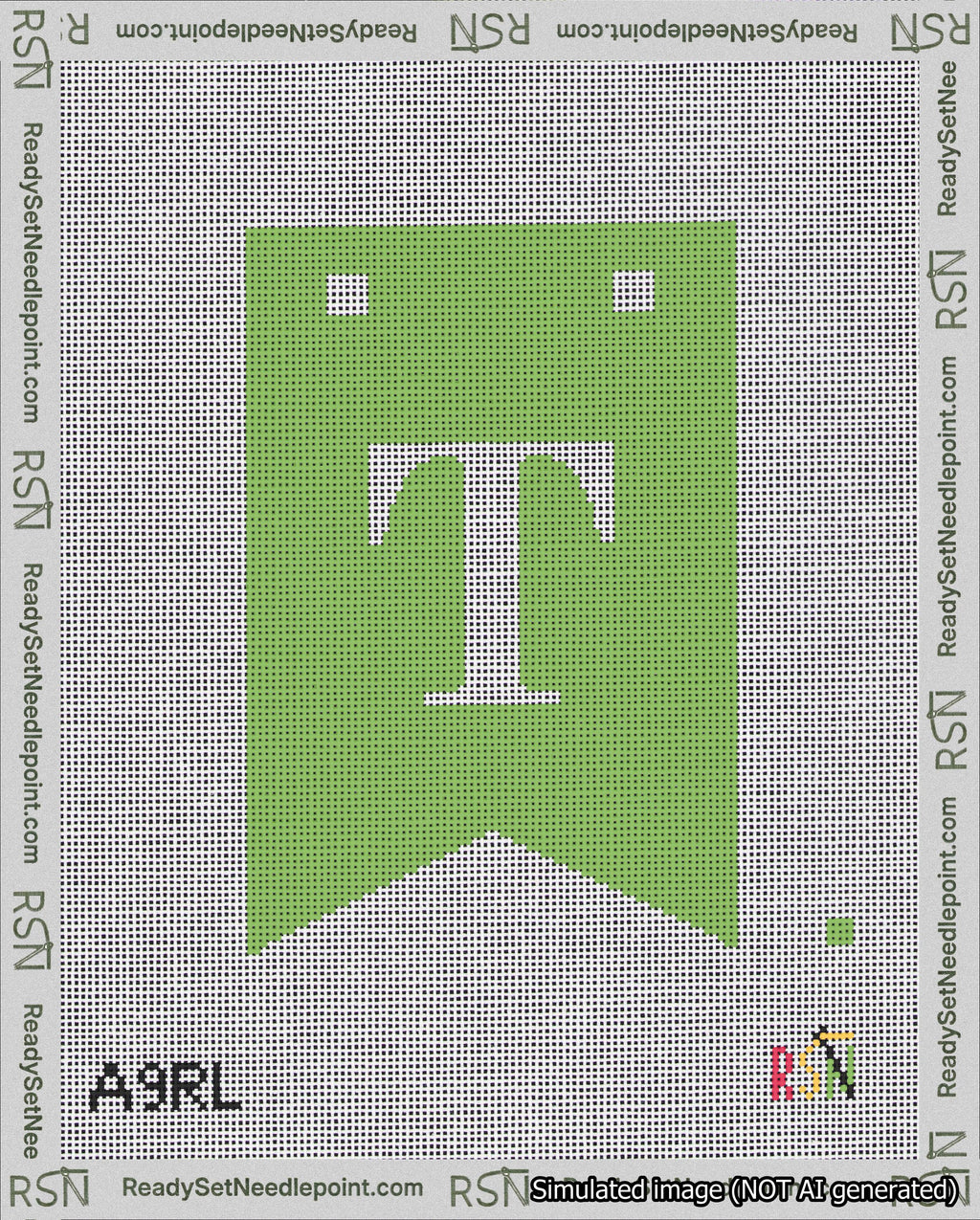 A taped needlepoint canvas with the design: Banner 18 mesh count Forked T White on Light Green.
