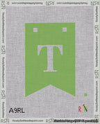 A taped needlepoint canvas with the design: Banner 18 mesh count Forked T White on Light Green.