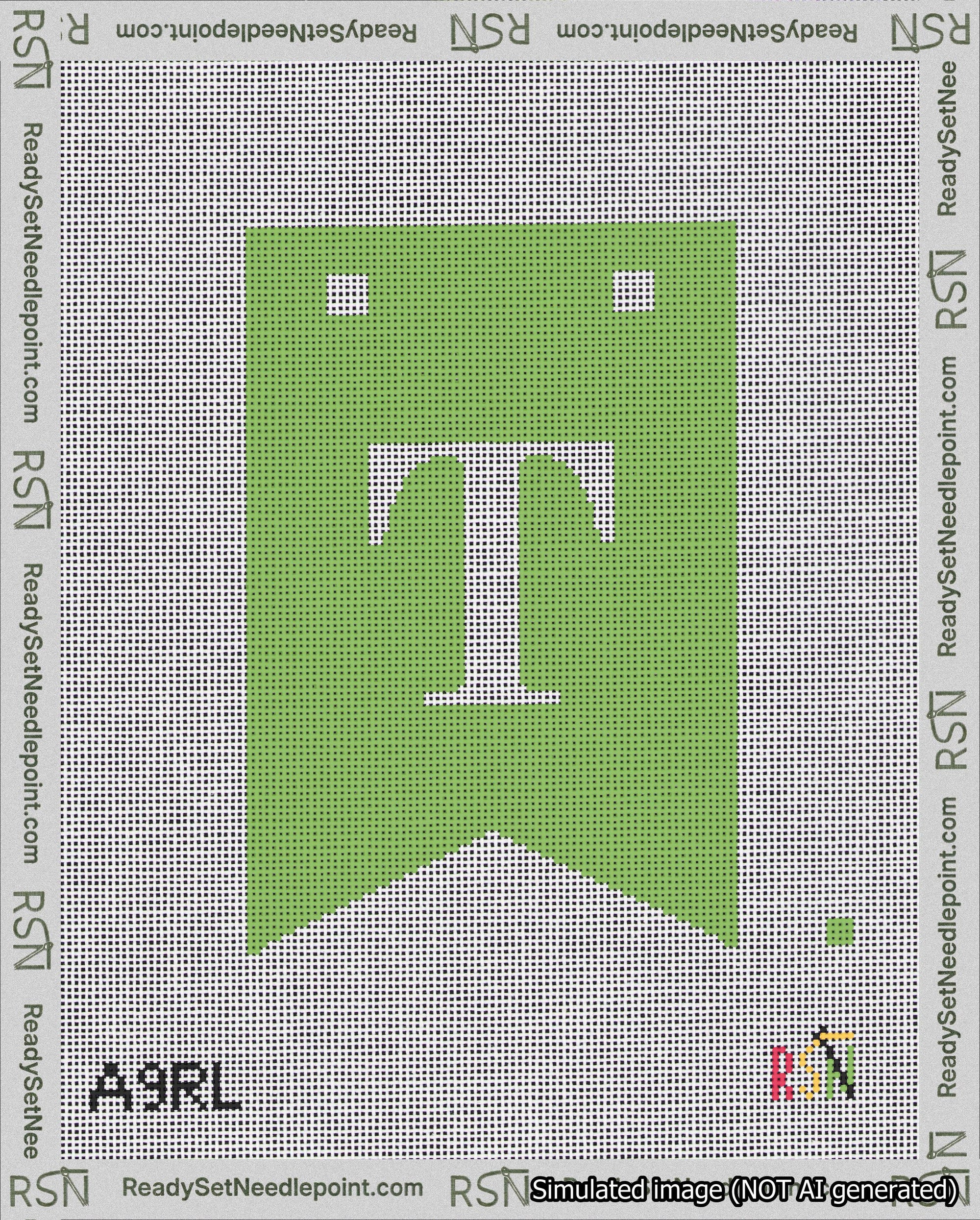 A taped needlepoint canvas with the design: Banner 18 mesh count Forked T White on Light Green.