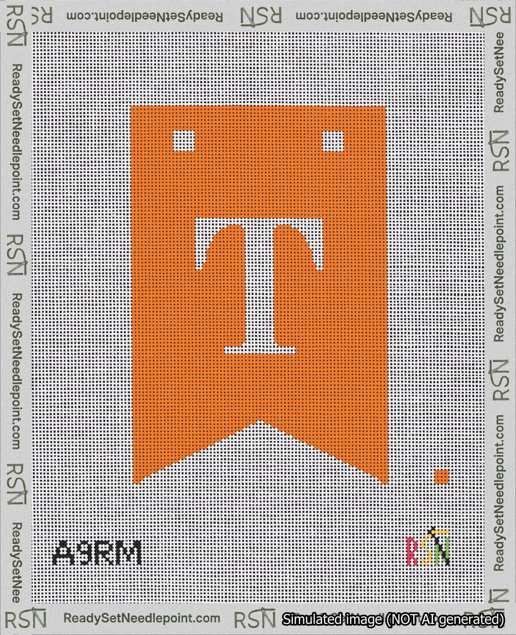 A taped needlepoint canvas with the design: Banner 18 mesh count Forked T White on Orange.