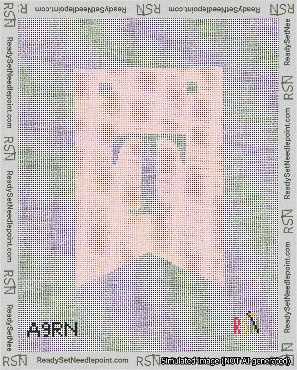 A taped needlepoint canvas with the design: Banner 18 mesh count Forked T White on Pink.