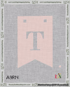 A taped needlepoint canvas with the design: Banner 18 mesh count Forked T White on Pink.