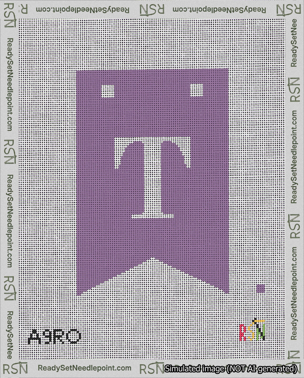 A taped needlepoint canvas with the design: Banner 18 mesh count Forked T White on Purple.