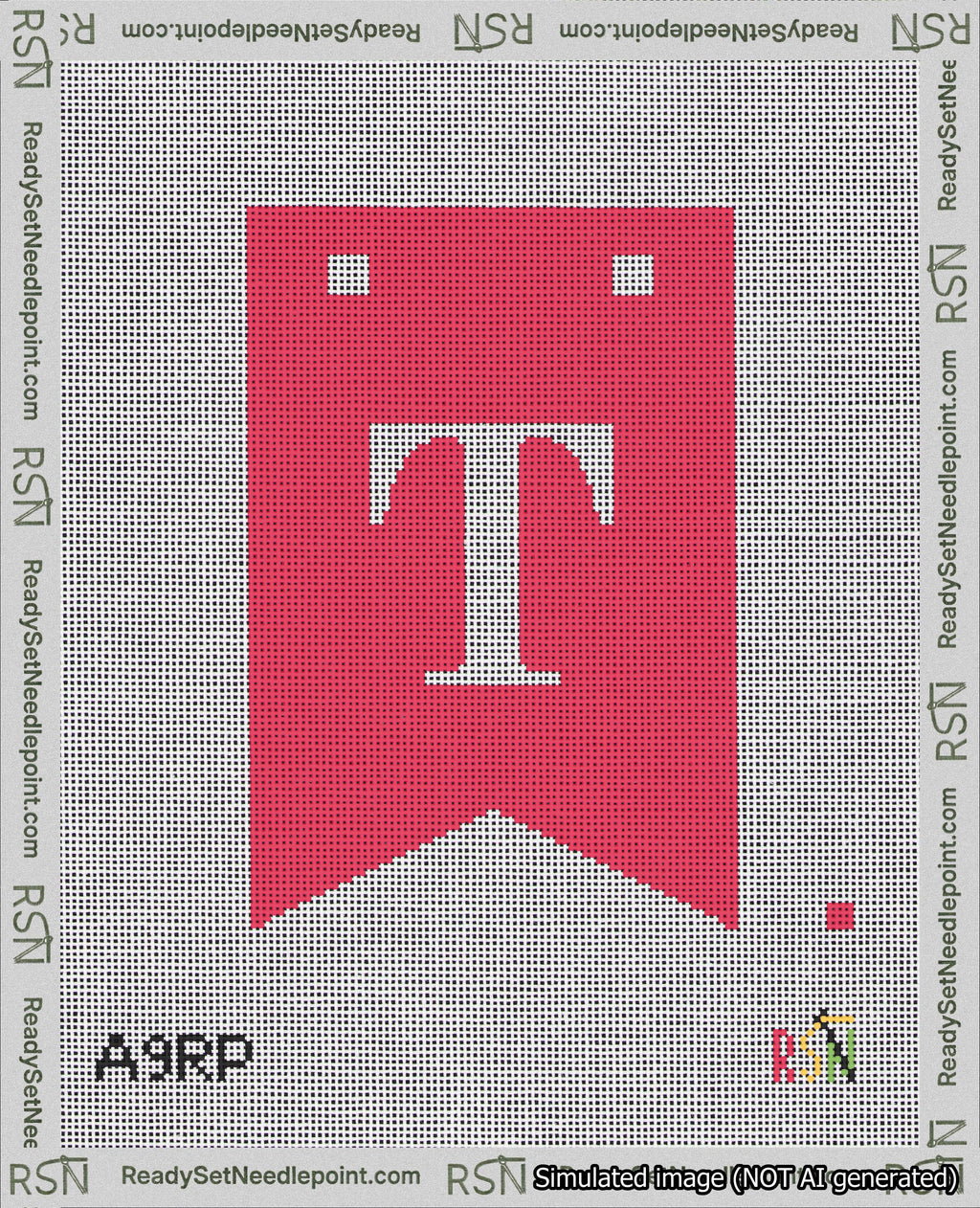 A taped needlepoint canvas with the design: Banner 18 mesh count Forked T White on Red.