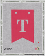 A taped needlepoint canvas with the design: Banner 18 mesh count Forked T White on Red.