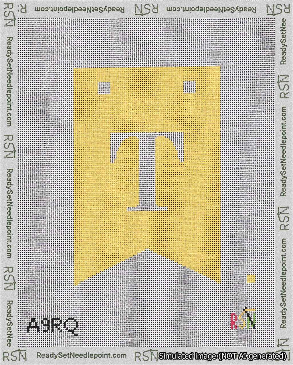 A taped needlepoint canvas with the design: Banner 18 mesh count Forked T White on Yellow.
