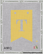 A taped needlepoint canvas with the design: Banner 18 mesh count Forked T White on Yellow.