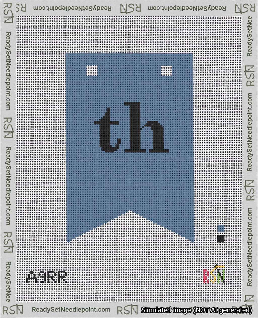 A taped needlepoint canvas with the design: Banner 18 mesh count Forked th Black on Blue.