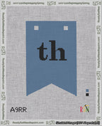 A taped needlepoint canvas with the design: Banner 18 mesh count Forked th Black on Blue.