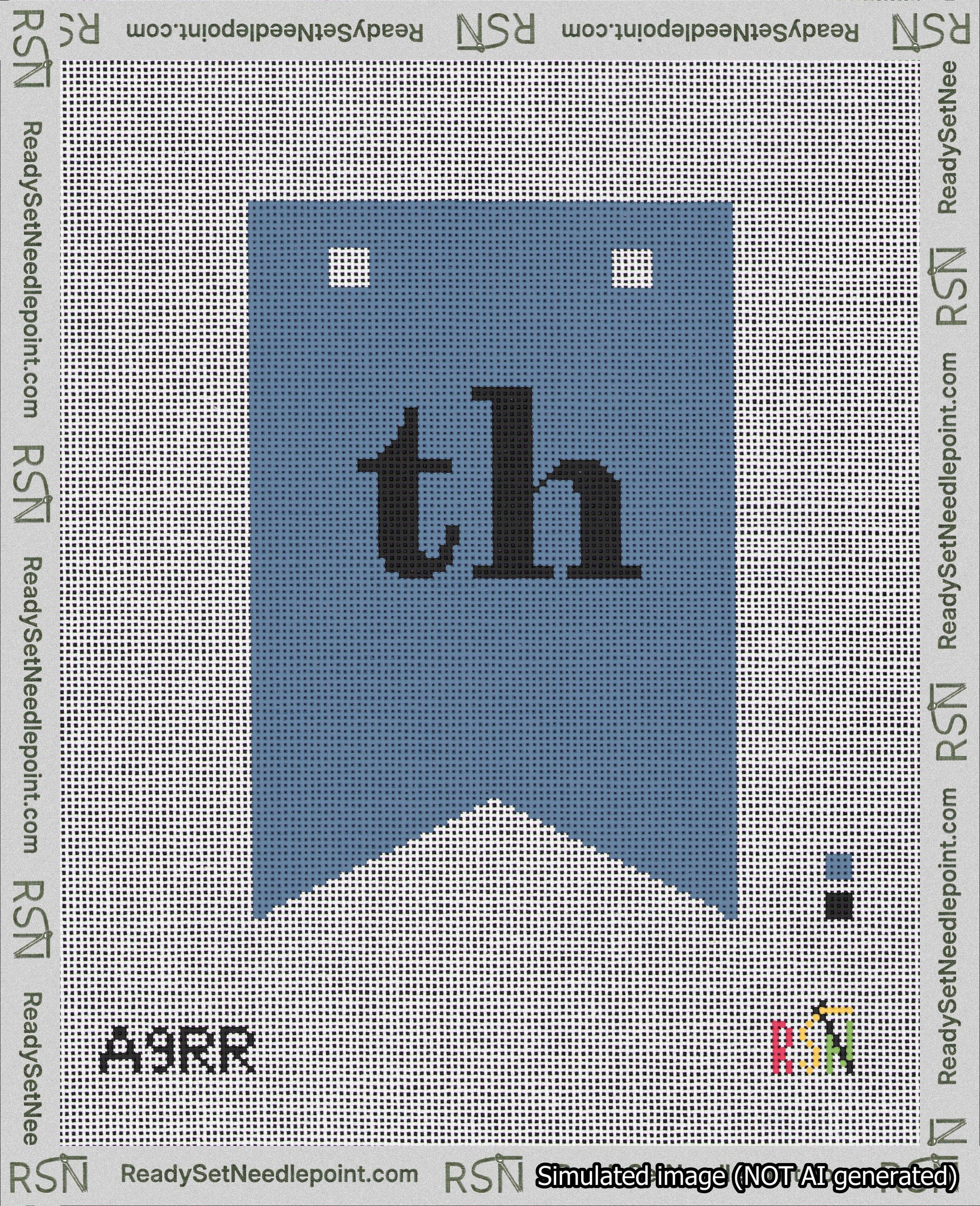 A taped needlepoint canvas with the design: Banner 18 mesh count Forked th Black on Blue.