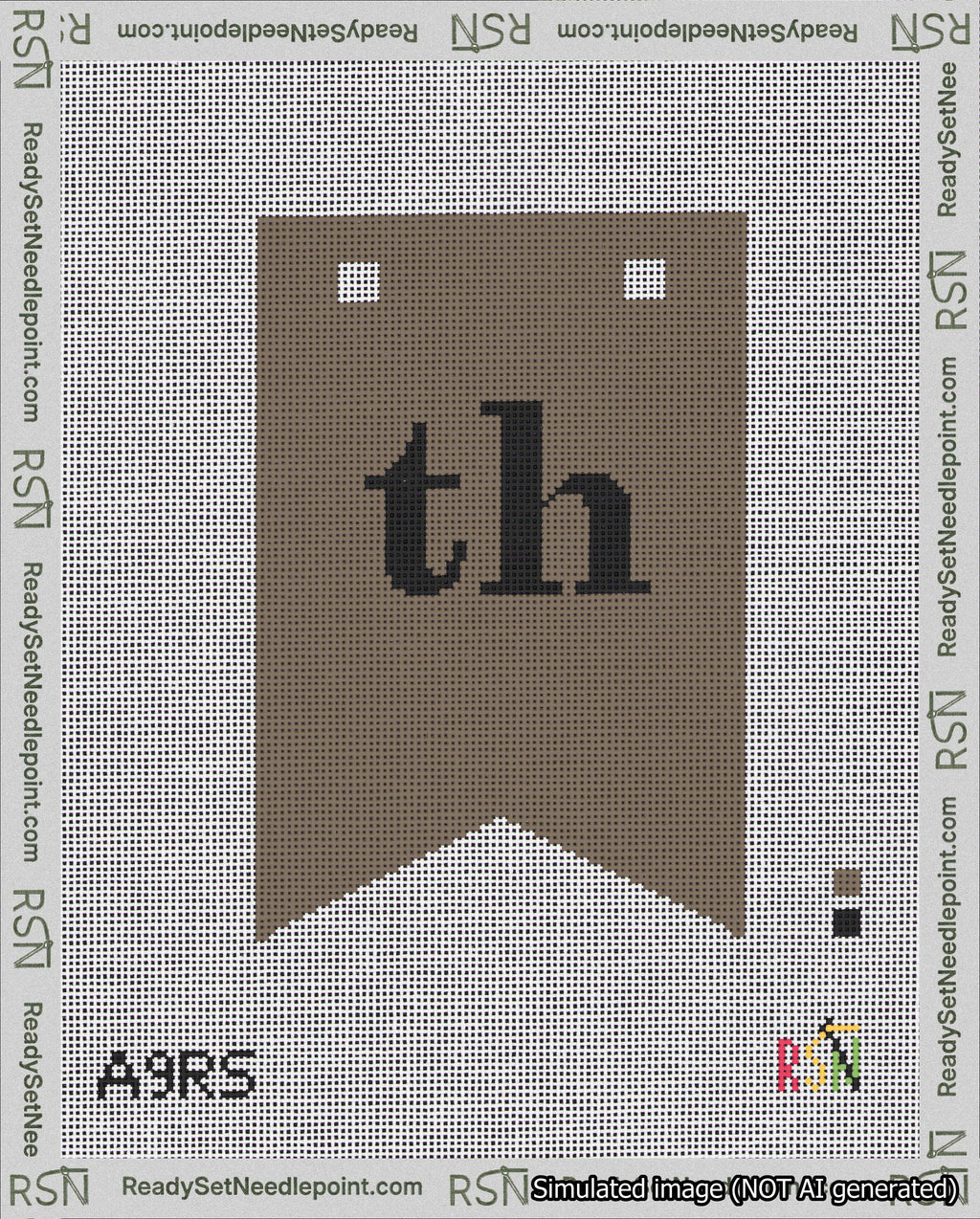 A taped needlepoint canvas with the design: Banner 18 mesh count Forked th Black on Brown.