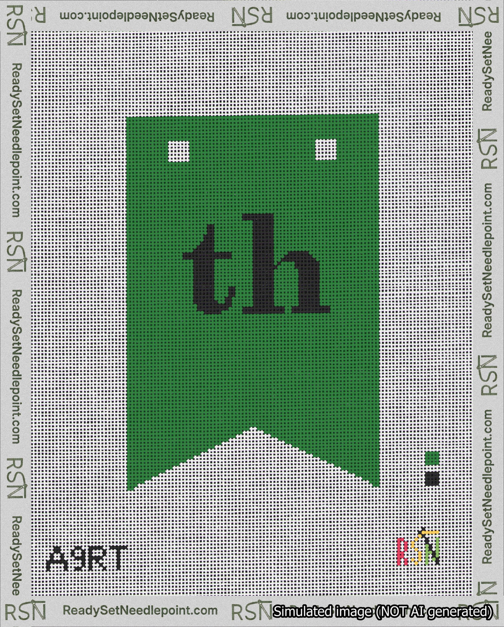 A taped needlepoint canvas with the design: Banner 18 mesh count Forked th Black on Green.