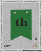 A taped needlepoint canvas with the design: Banner 18 mesh count Forked th Black on Green.