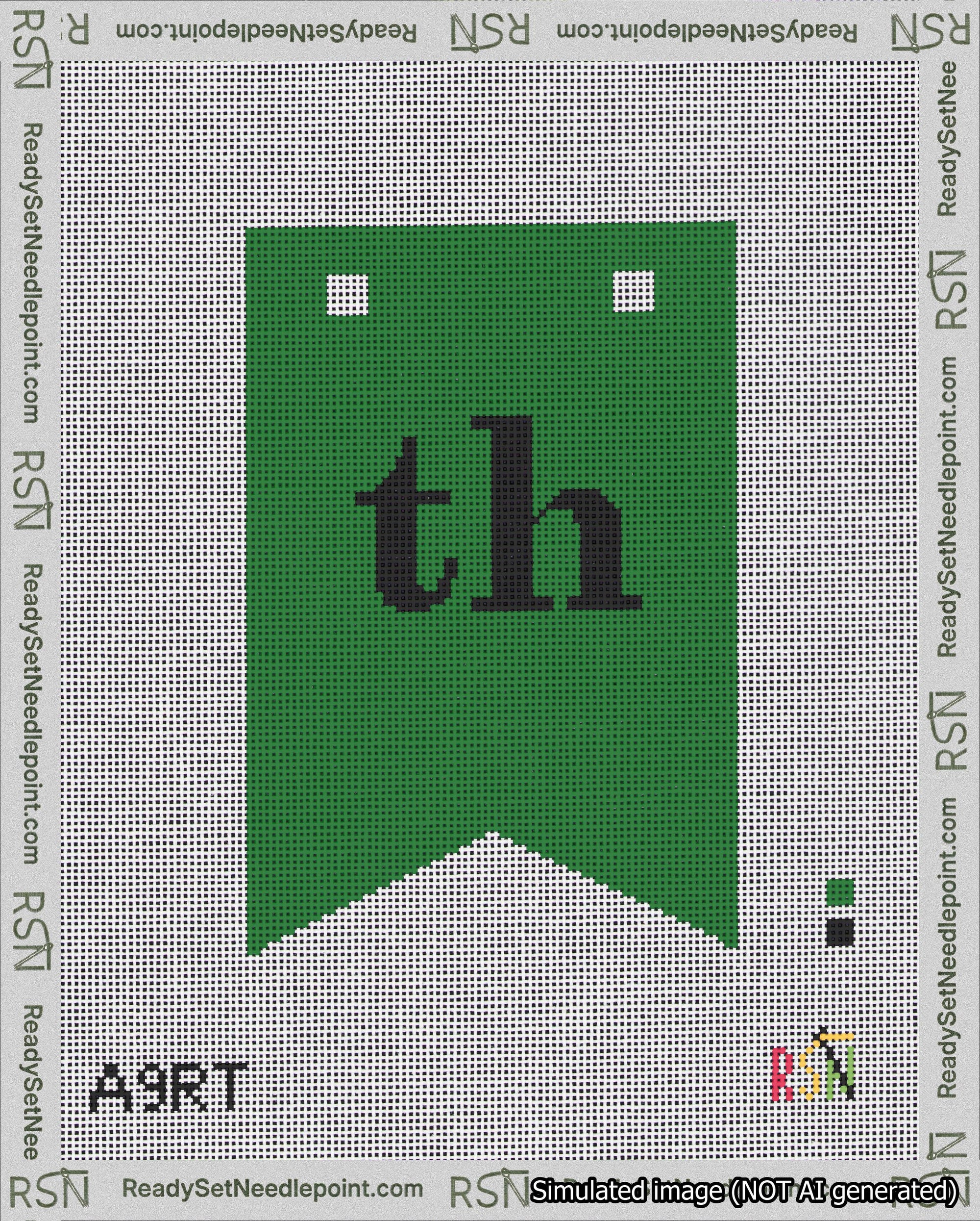 A taped needlepoint canvas with the design: Banner 18 mesh count Forked th Black on Green.