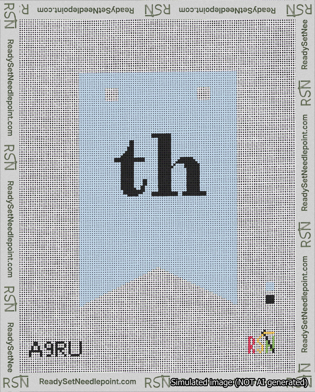 A taped needlepoint canvas with the design: Banner 18 mesh count Forked th Black on Light Blue.