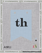 A taped needlepoint canvas with the design: Banner 18 mesh count Forked th Black on Light Blue.