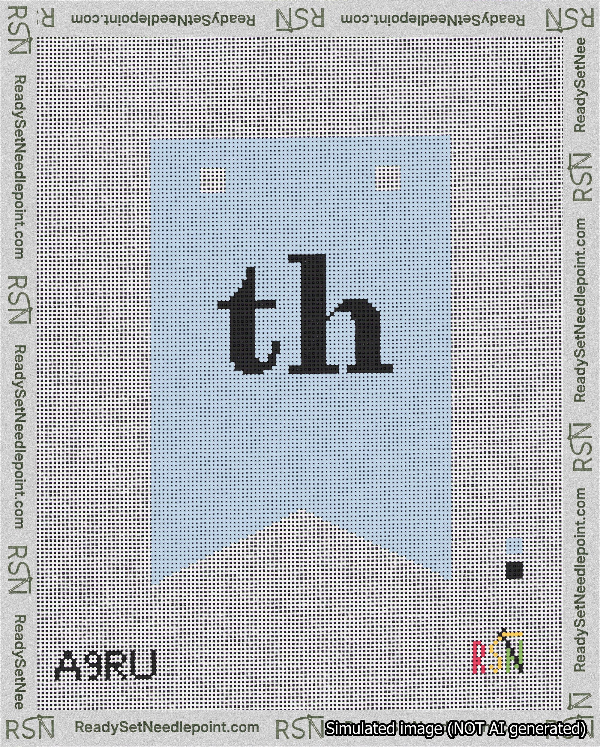 A taped needlepoint canvas with the design: Banner 18 mesh count Forked th Black on Light Blue.