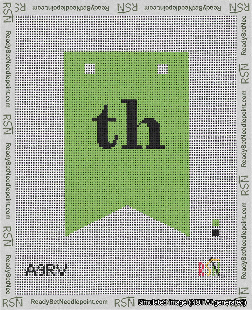 A taped needlepoint canvas with the design: Banner 18 mesh count Forked th Black on Light Green.