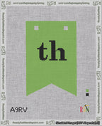 A taped needlepoint canvas with the design: Banner 18 mesh count Forked th Black on Light Green.