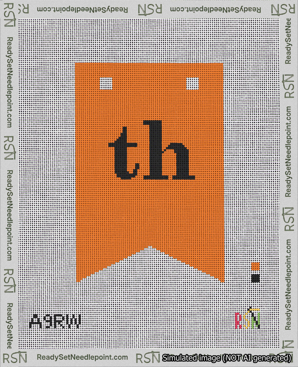 A taped needlepoint canvas with the design: Banner 18 mesh count Forked th Black on Orange.