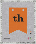 A taped needlepoint canvas with the design: Banner 18 mesh count Forked th Black on Orange.