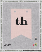 A taped needlepoint canvas with the design: Banner 18 mesh count Forked th Black on Pink.
