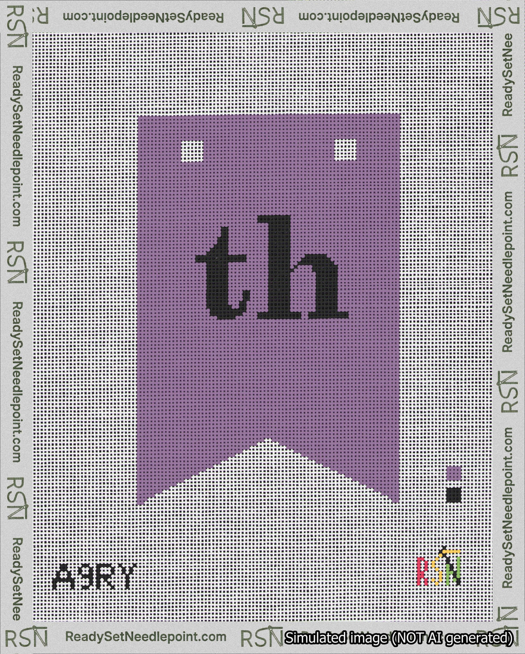 A taped needlepoint canvas with the design: Banner 18 mesh count Forked th Black on Purple.