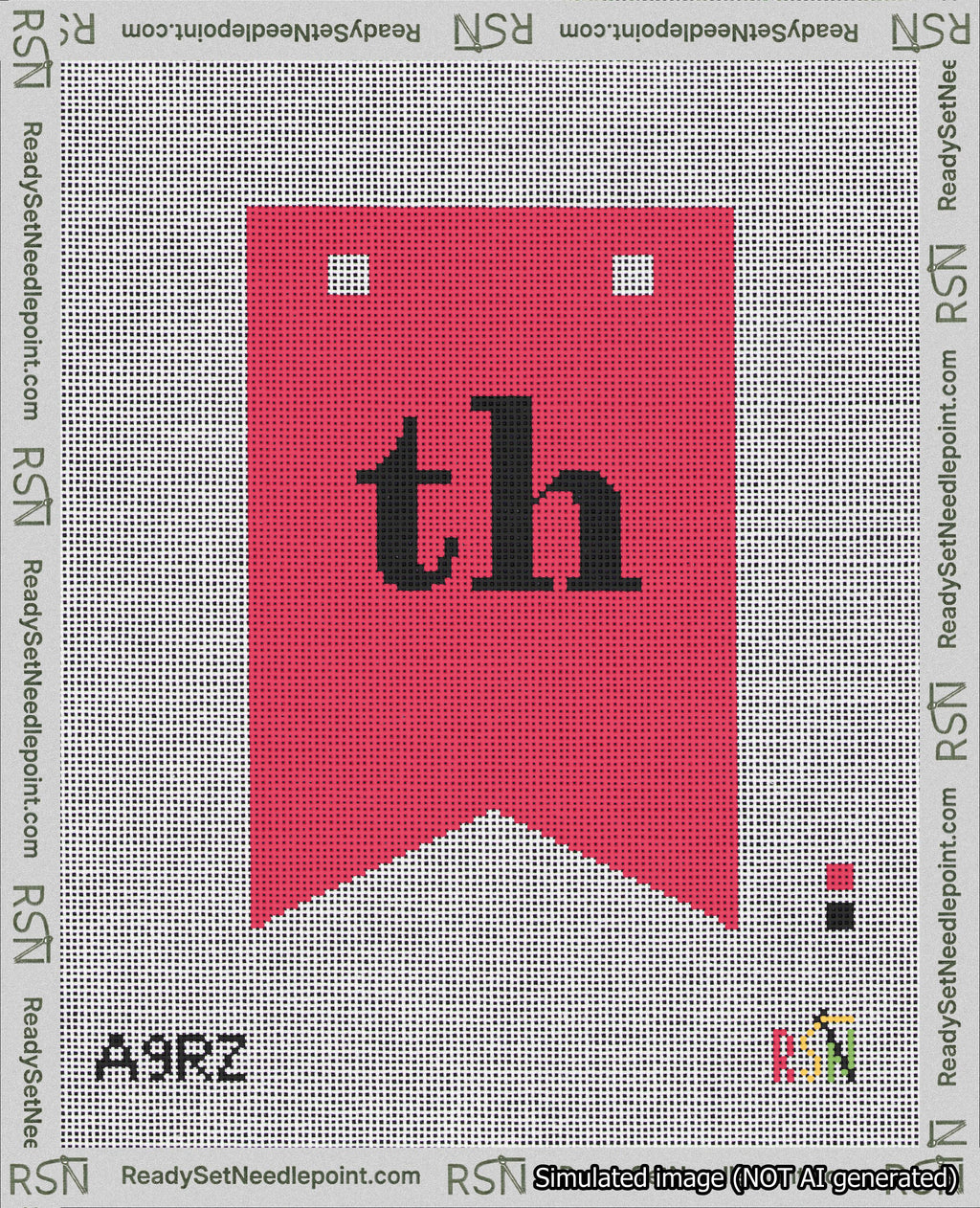 A taped needlepoint canvas with the design: Banner 18 mesh count Forked th Black on Red.