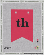 A taped needlepoint canvas with the design: Banner 18 mesh count Forked th Black on Red.
