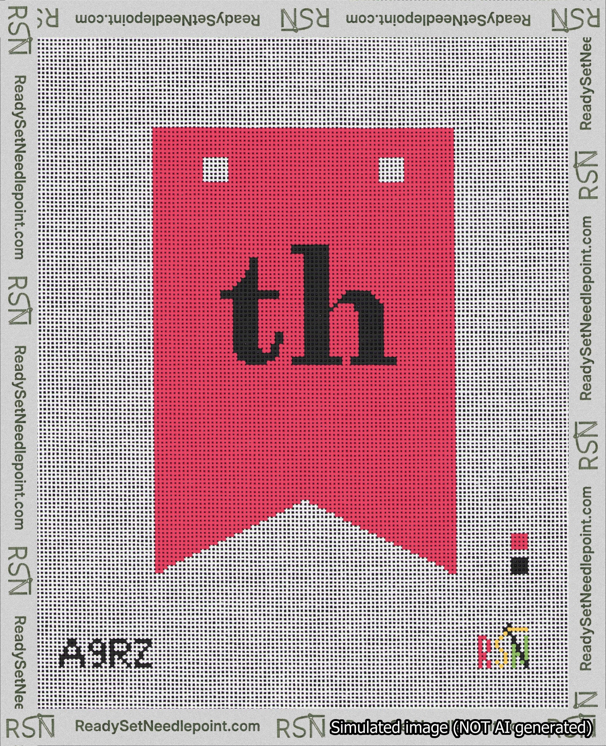 A taped needlepoint canvas with the design: Banner 18 mesh count Forked th Black on Red.