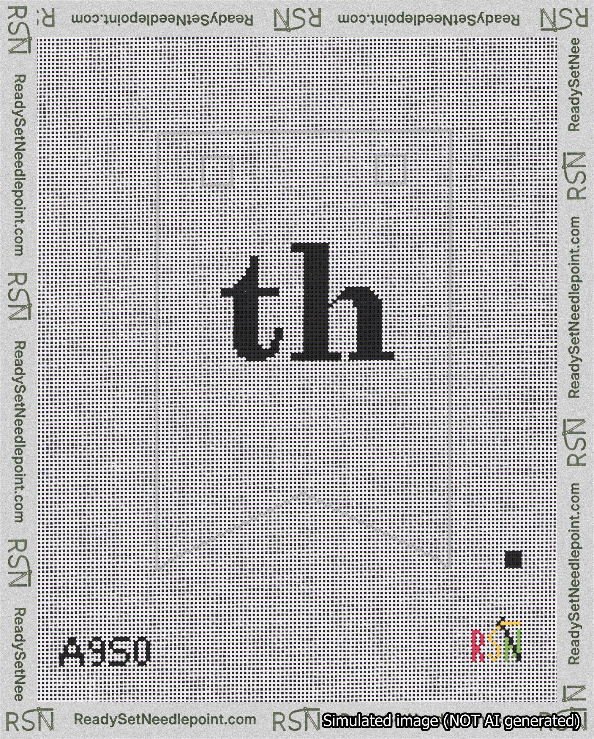 A taped needlepoint canvas with the design: Banner 18 mesh count Forked th Black on White.