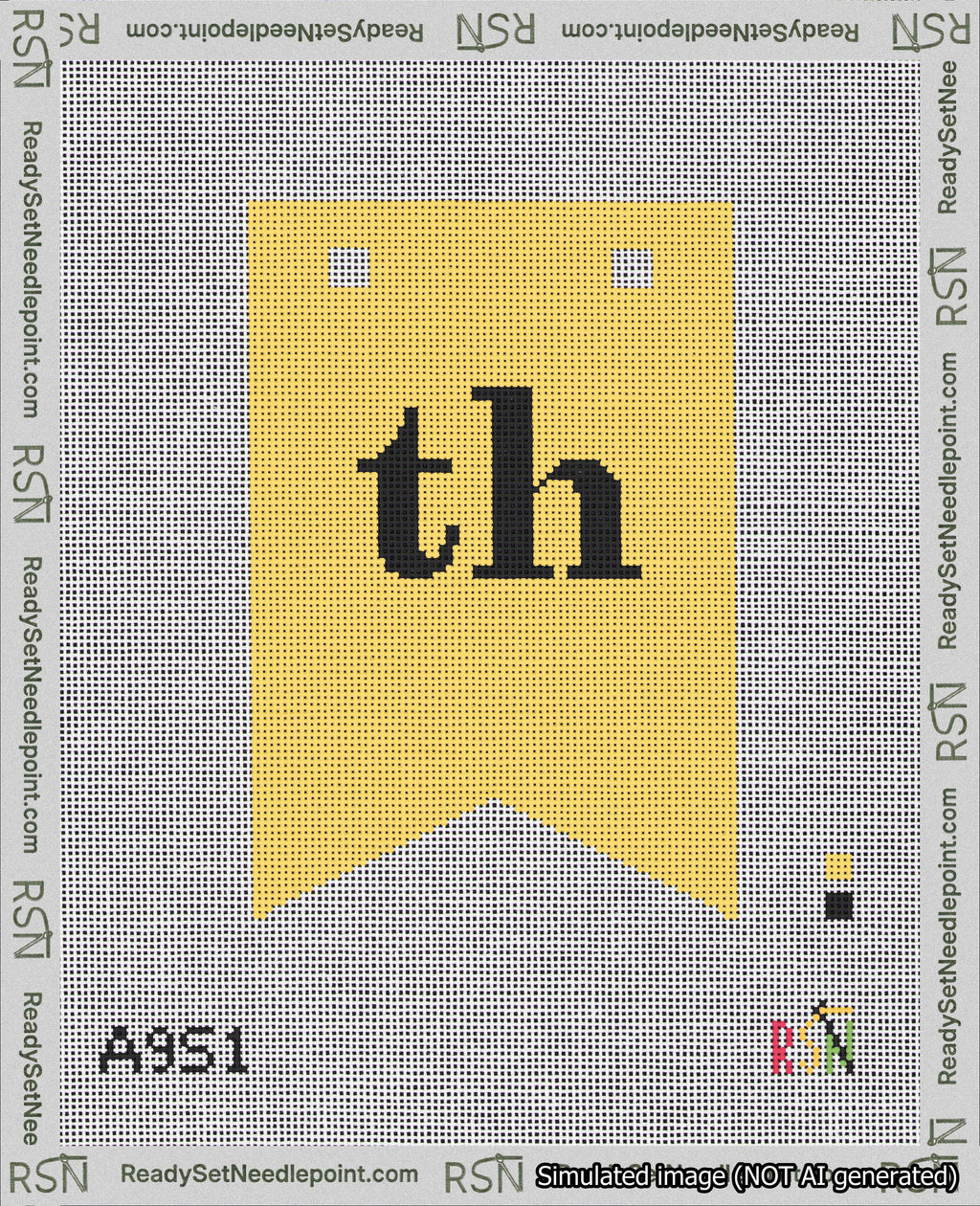 A taped needlepoint canvas with the design: Banner 18 mesh count Forked th Black on Yellow.