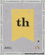A taped needlepoint canvas with the design: Banner 18 mesh count Forked th Black on Yellow.