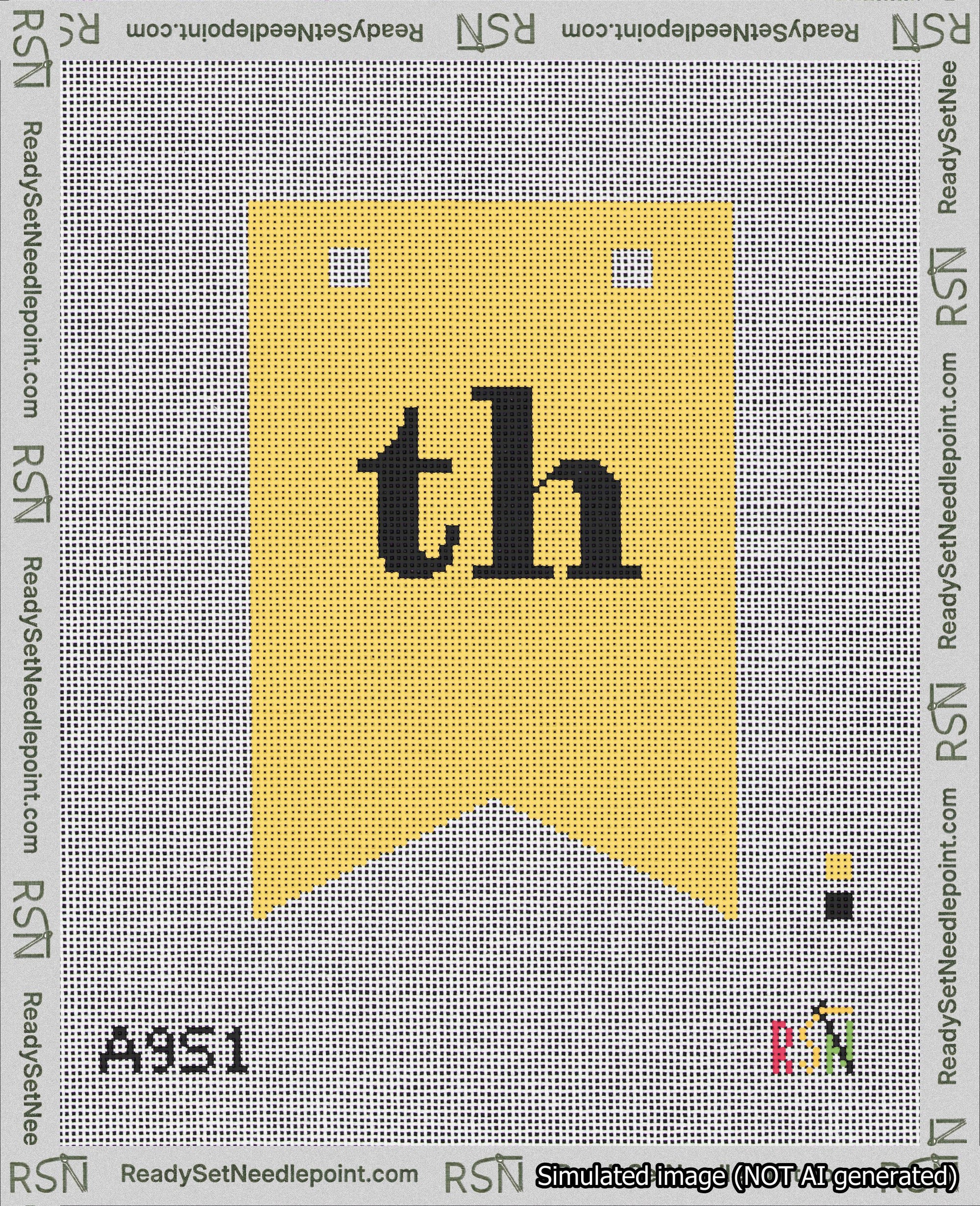 A taped needlepoint canvas with the design: Banner 18 mesh count Forked th Black on Yellow.
