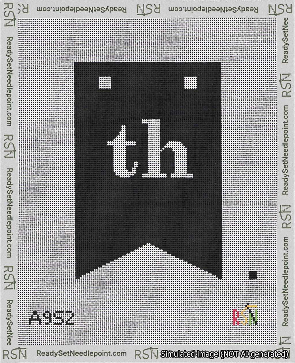 A taped needlepoint canvas with the design: Banner 18 mesh count Forked th White on Black.